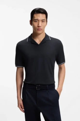 Johnny-collar polo shirt in cotton and linen