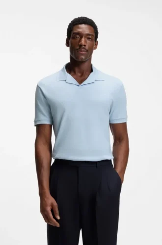Johnny-collar polo shirt in cotton and linen