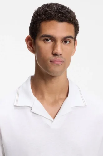 Johnny-collar polo shirt in cotton and linen