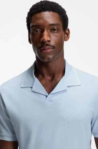 Johnny-collar polo shirt in cotton and linen