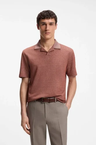 Johnny-collar polo shirt in cotton, linen and silk