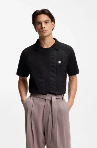 Johnny-collar polo shirt with broderie stripes