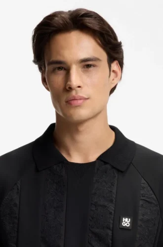 Johnny-collar polo shirt with broderie stripes