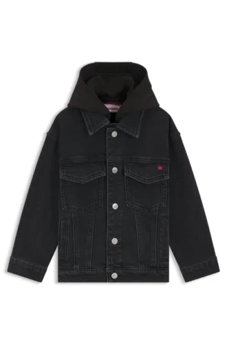 Kids’ black denim jacket with fleece hood