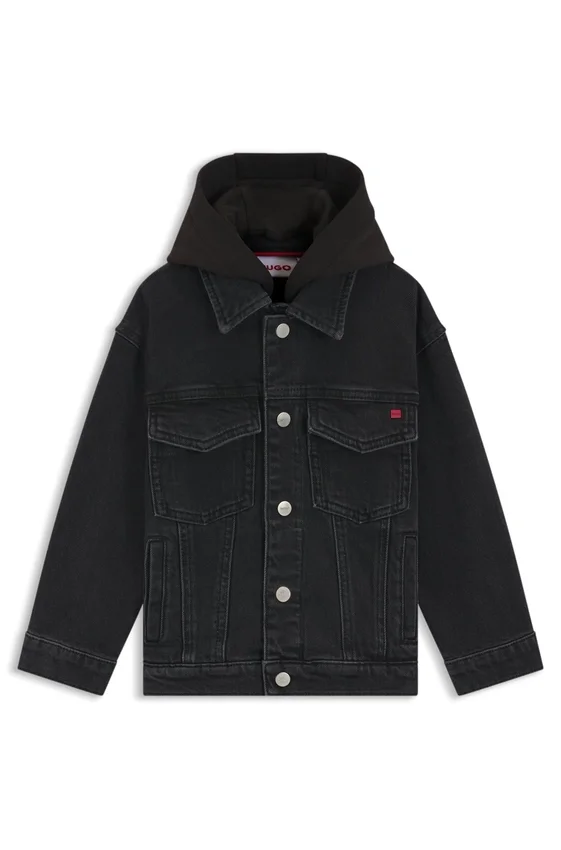 Kids’ black denim jacket with fleece hood Kids’ black denim jacket with fleece hood