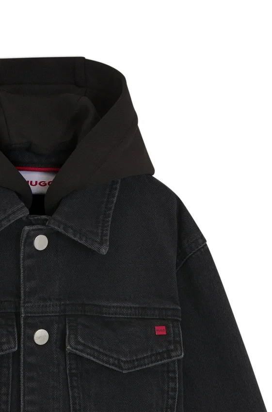 Kids’ black denim jacket with fleece hood Kids’ black denim jacket with fleece hood
