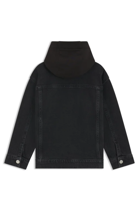 Kids’ black denim jacket with fleece hood Kids’ black denim jacket with fleece hood