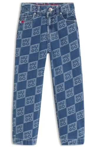 Kids’ blue jeans with stacked-logo jacquard
