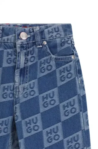 Kids’ blue jeans with stacked-logo jacquard