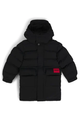 Kids’ long-length puffer jacket with red logo label