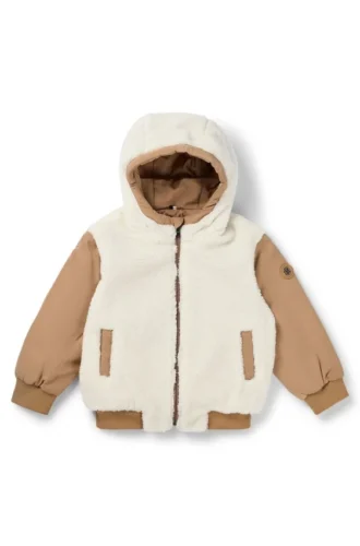 Kids’ reversible hooded jacket in twill and sherpa fleece