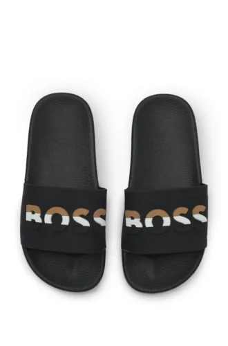 Kids’ slides with signature-stripe logo