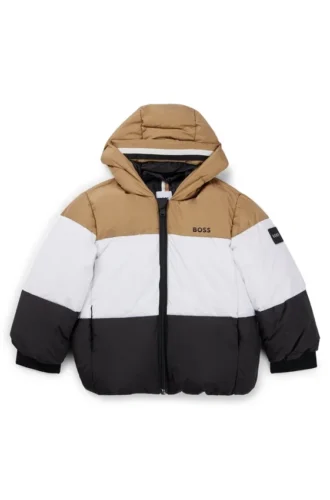 Kids’ water-repellent puffer jacket with signature-stripe colors