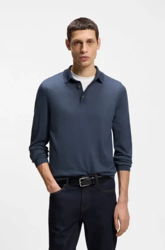 Knitted polo sweater in virgin wool