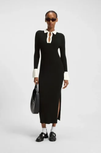 Knitted tube dress with logo keyhole placket