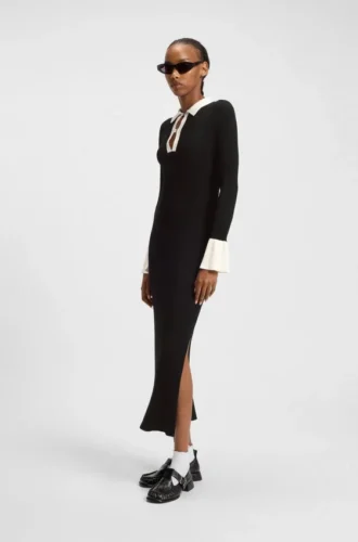 Knitted tube dress with logo keyhole placket