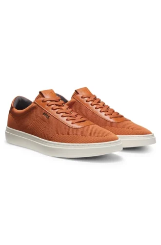 Lace-up trainers with knitted uppers and leather trims