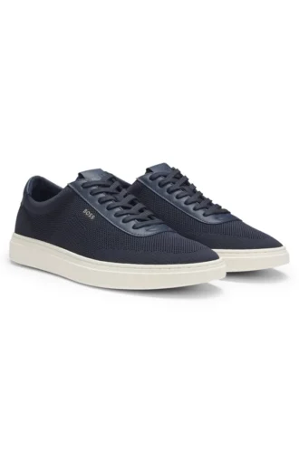 Lace-up trainers with knitted uppers and leather trims