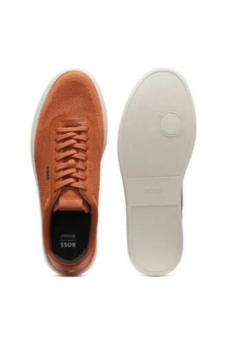 Lace-up trainers with knitted uppers and leather trims