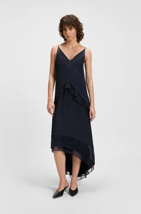 Layered satin dress with silk inserts Layered satin dress with silk inserts