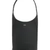 Leather bucket bag with metallic logo lettering