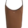 Leather bucket bag with metallic logo lettering