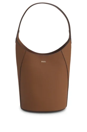 Leather bucket bag with metallic logo lettering
