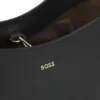 Leather bucket bag with metallic logo lettering