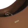 Leather bucket bag with metallic logo lettering