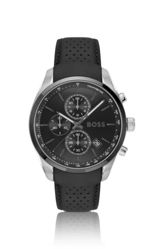 Leather-strap chronograph watch with black dial