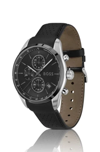 Leather-strap chronograph watch with black dial