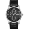 Leather-strap watch with black dial