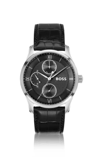 Leather-strap watch with black dial