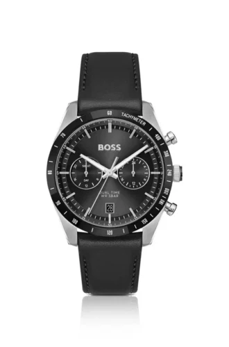 Leather-strap watch with black dial