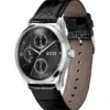 Leather-strap watch with black dial