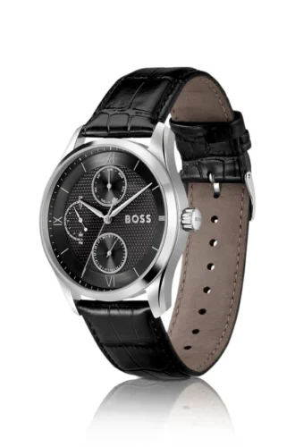 Leather-strap watch with black dial