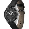 Leather-strap watch with black dial