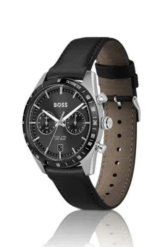 Leather-strap watch with black dial
