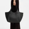 Leather tote bag with metallic logo lettering