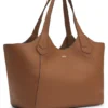 Leather tote bag with metallic logo lettering