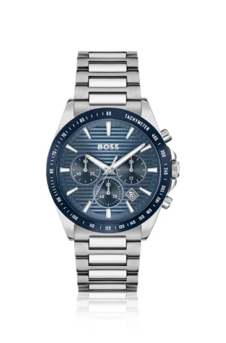 Link-bracelet chronograph watch with blue textured dial