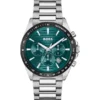 Link-bracelet chronograph watch with green grooved dial