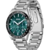 Link-bracelet chronograph watch with green grooved dial