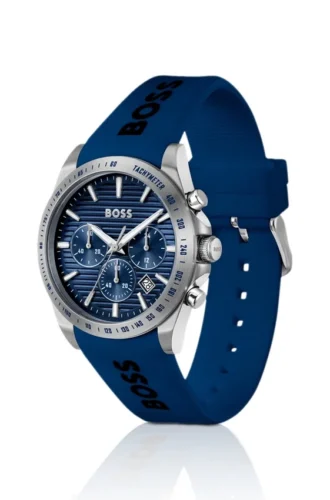 Logo-strap chronograph watch with blue textured dial