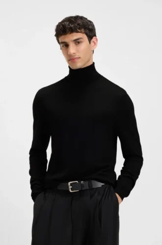 Merino wool turtleneck sweater with embroidered logo