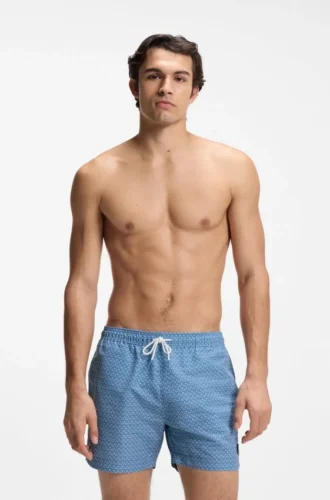 Micro-print swim trunks with logo patch