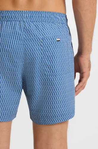 Micro-print swim trunks with logo patch