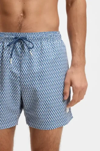 Micro-print swim trunks with logo patch