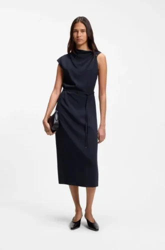 Midi-length dress with gathered shoulder detail
