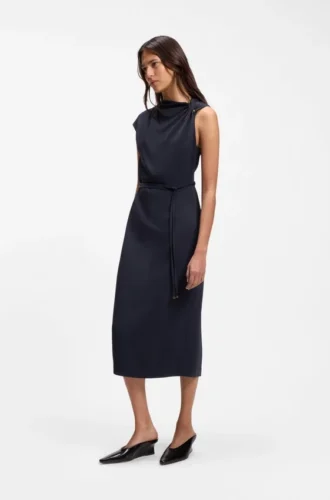 Midi-length dress with gathered shoulder detail
